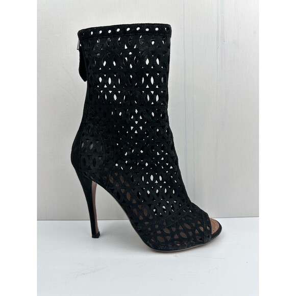 Alaia Black Suede Cut Out Boots Size 36 US 6 Peep Toe Ankle Booties Leather - Picture 1 of 11